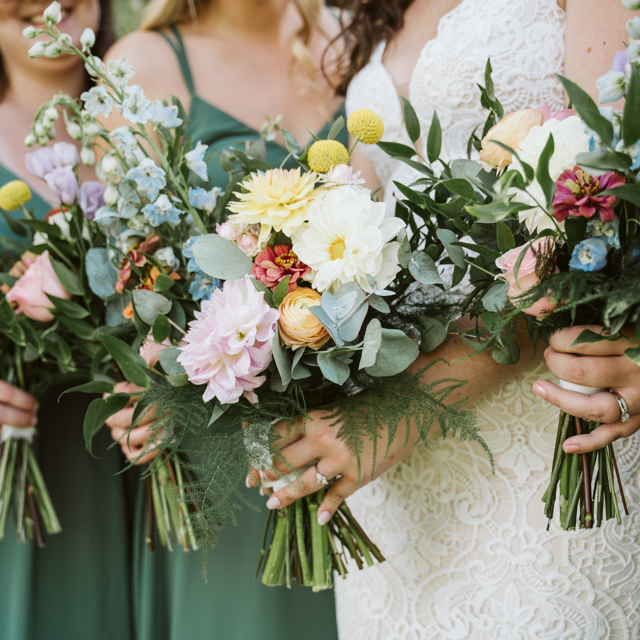 Wedding flowers up close  for a bride and bridesmaids