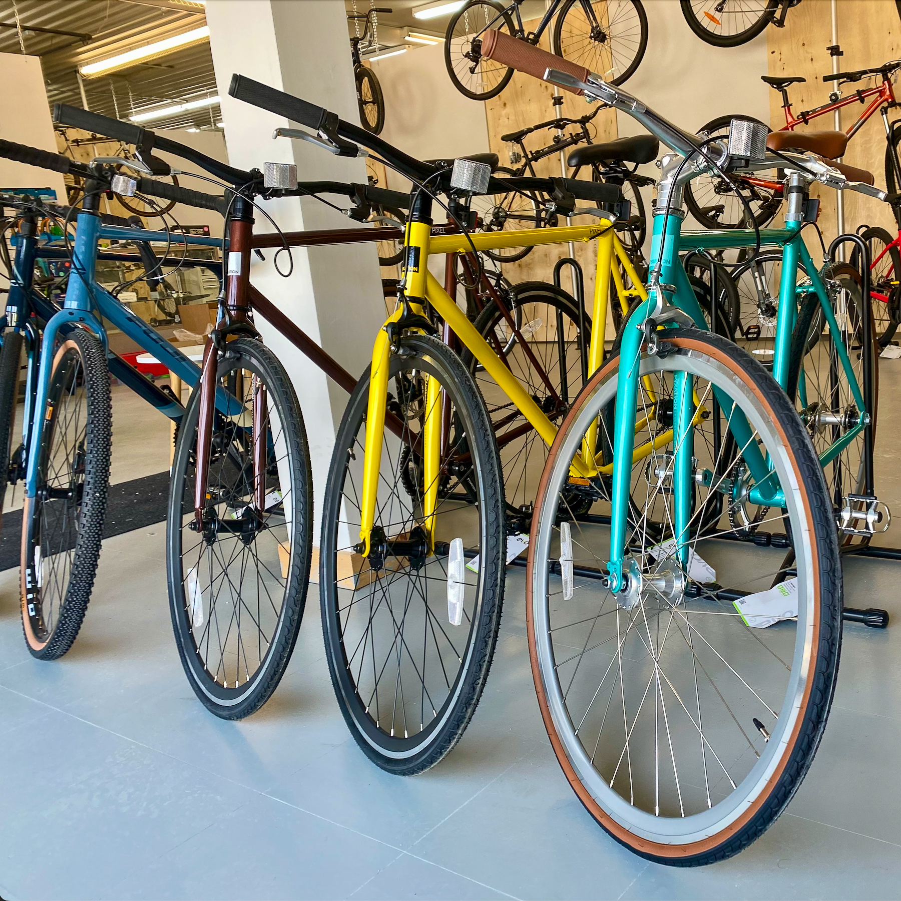 Display of bicycles of varying colours at Joe mamma Cycles